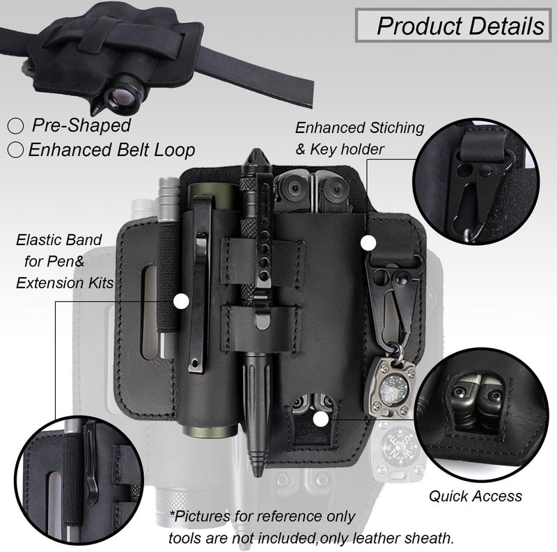 topstache Multitool Sheath for Belt - EDC Belt Organizer - Leather Multitool Holster with Flashlight Holder, Elastic Band Pen Holder and Keychain Clip - Multitool Holder - Multitool Pouch, Black - Image 3